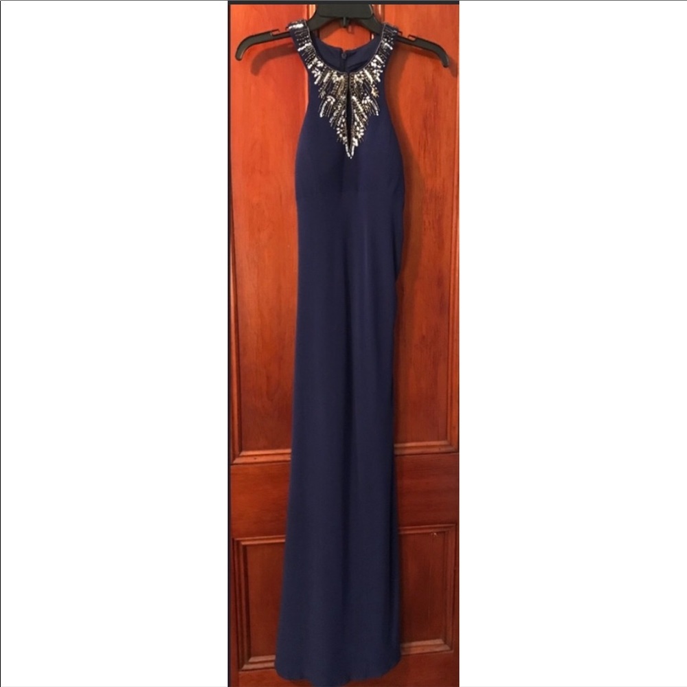 Xscape Navy Blue Beaded Halter Prom Dress